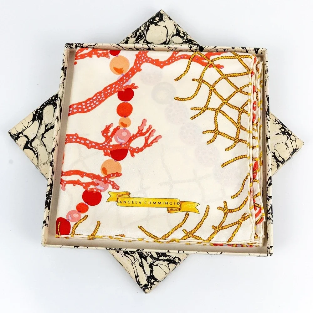 Vintage Angela Cummings Italian Silk Twill Scarf Nautical Coral Net In Box 35x35